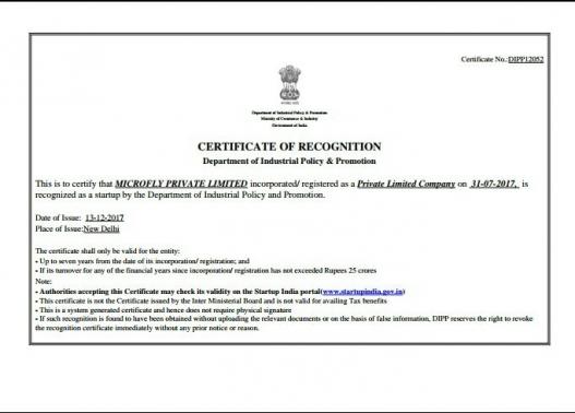 Certificate Of Recognition Of Startup India